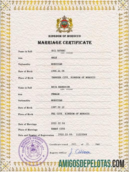 Em branco modelo PSD de certidão de casamento de Marrocos